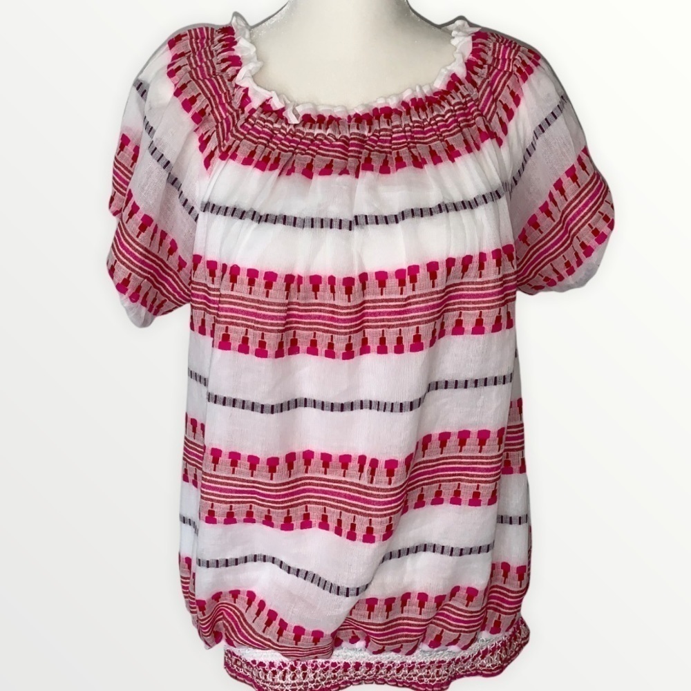 Solitaire Pink and White Boho Puff Sleeve Blouse Size L